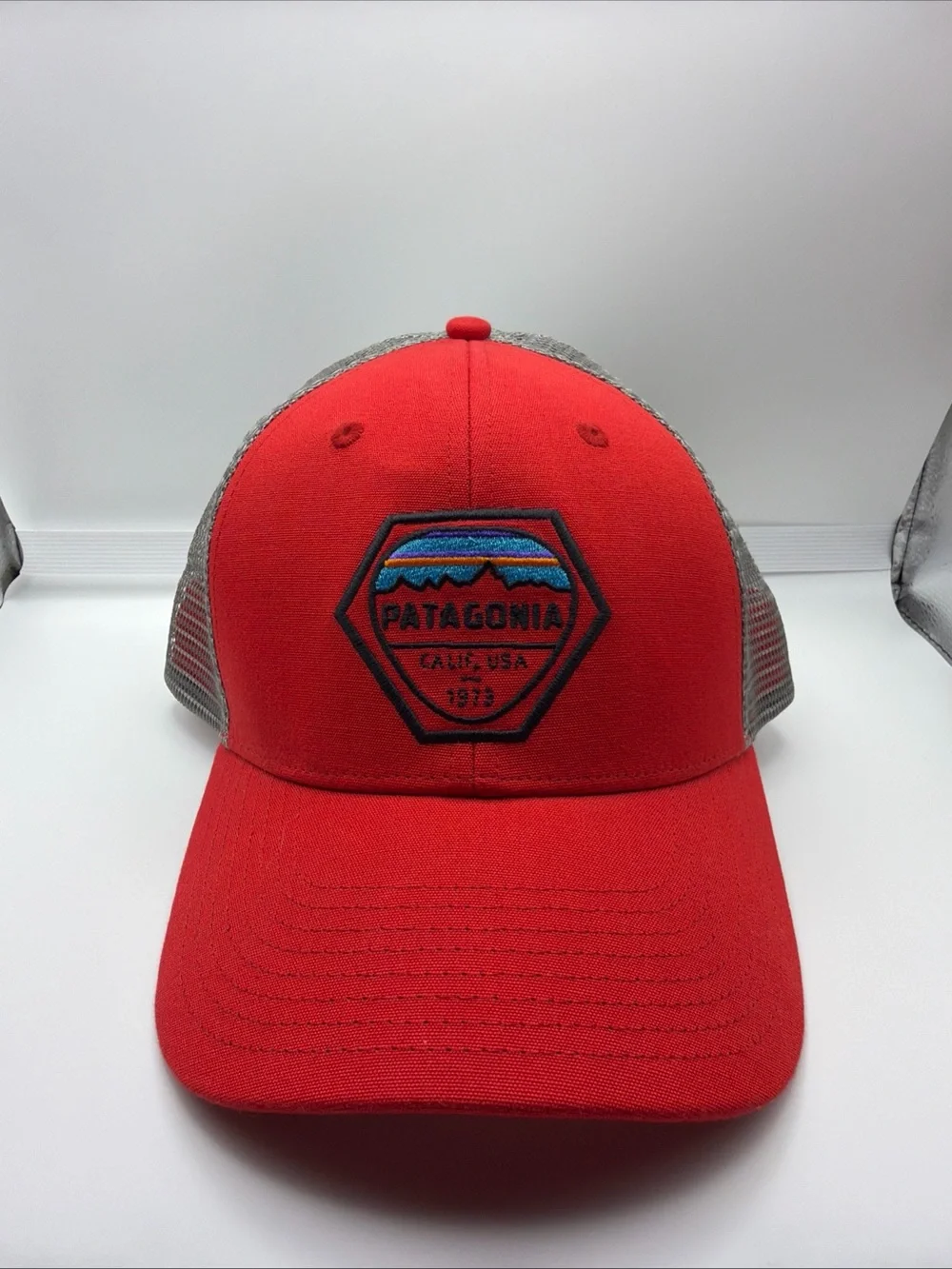 Patagonia Red Front with Gray Mesh Patch Trucker Hat